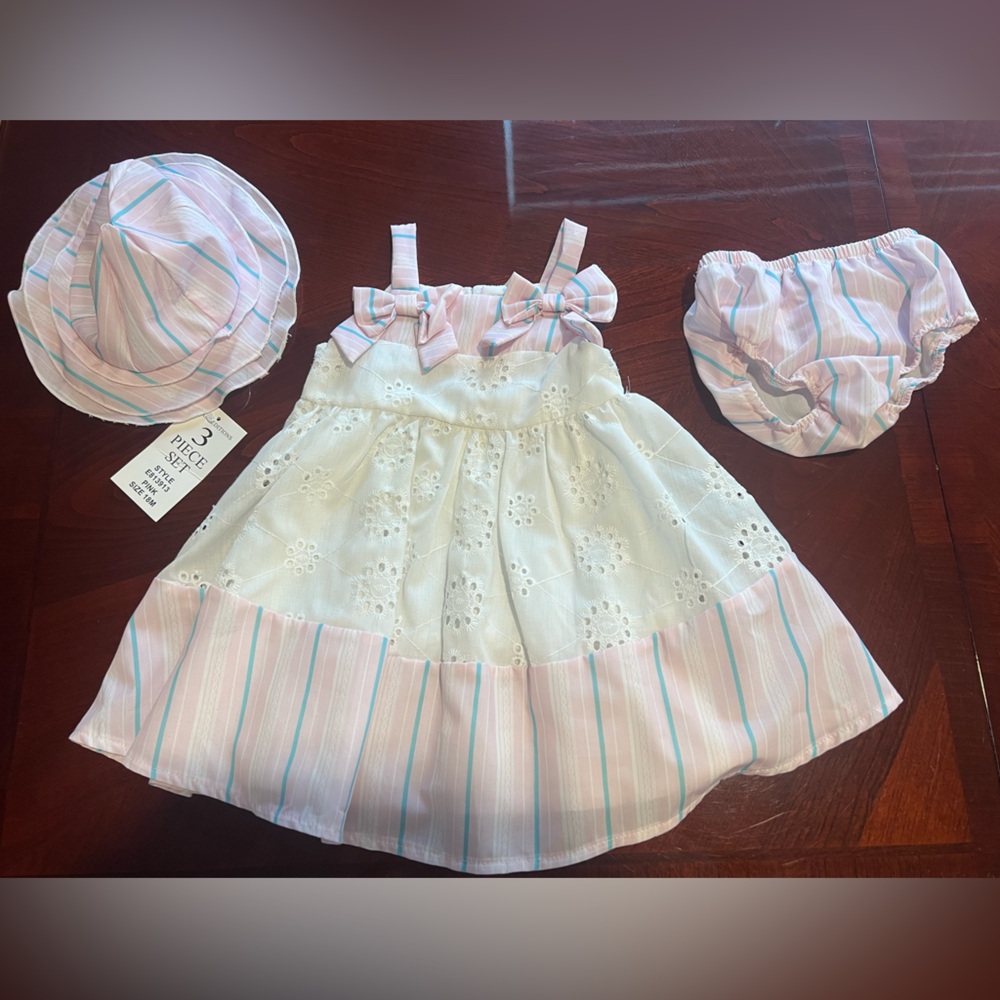 Rare Editions Pink and White Baby Dress with Hat (3 piece set)